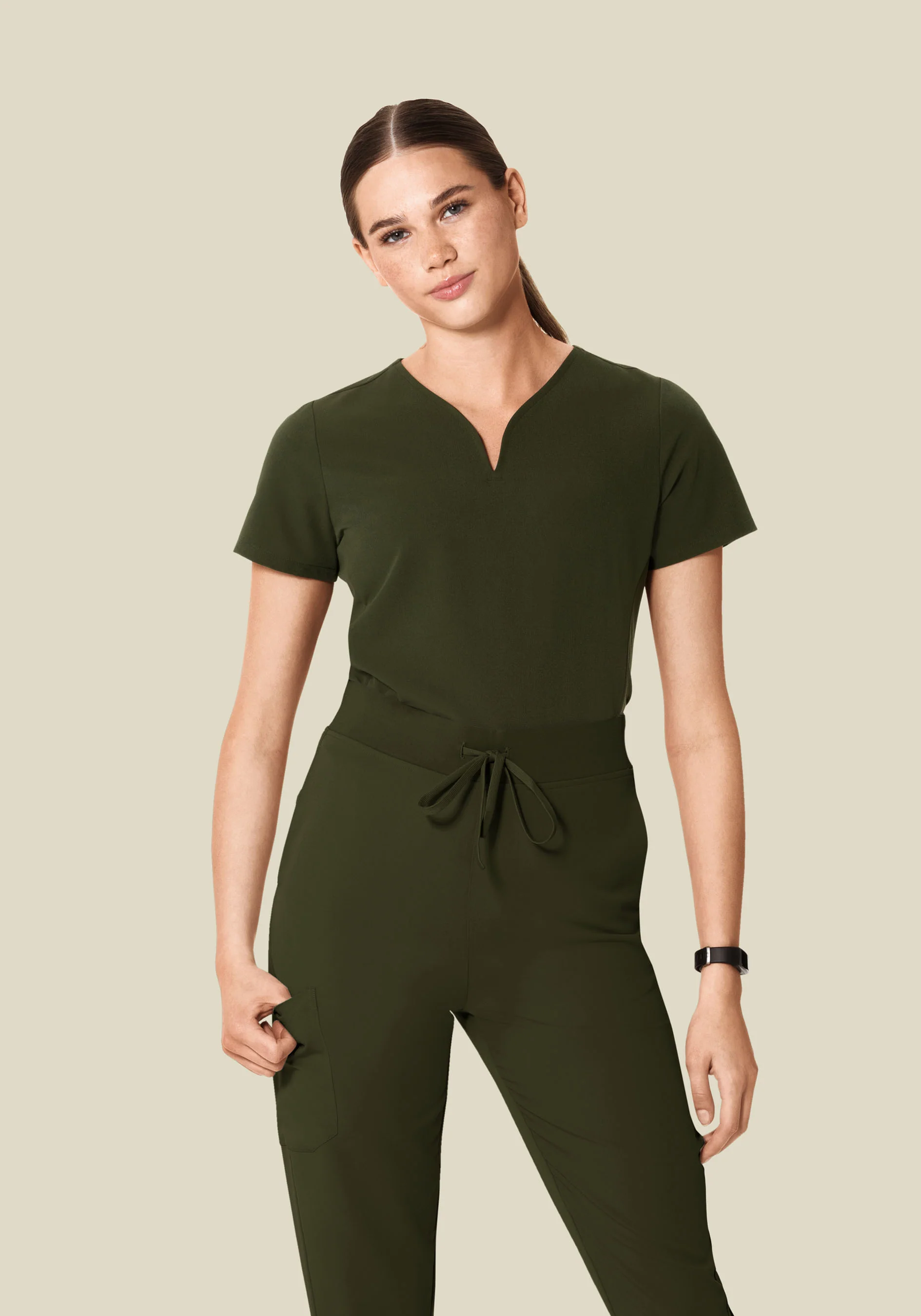 Curved V-Neck Top Olive - Image 3