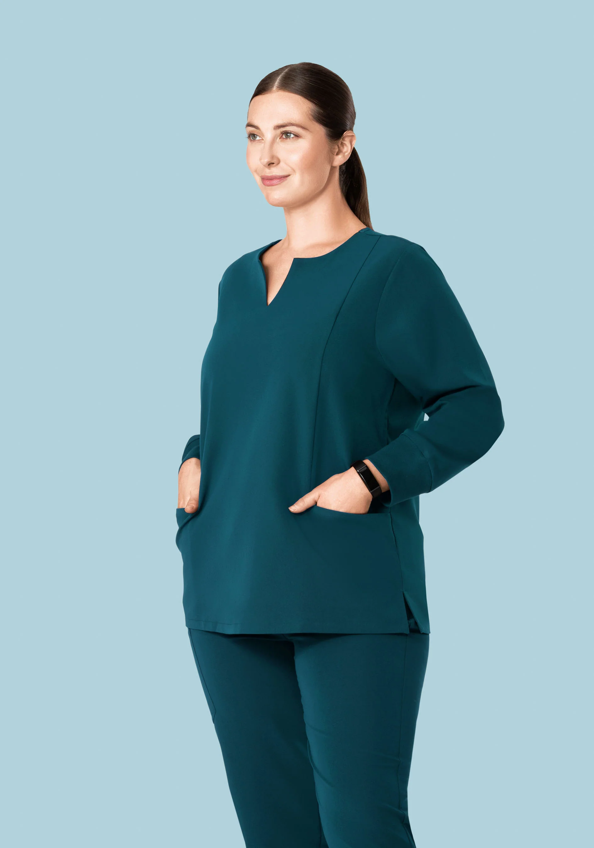 Long Sleeve Notch Neck Top Caribbean Blue - Image 11