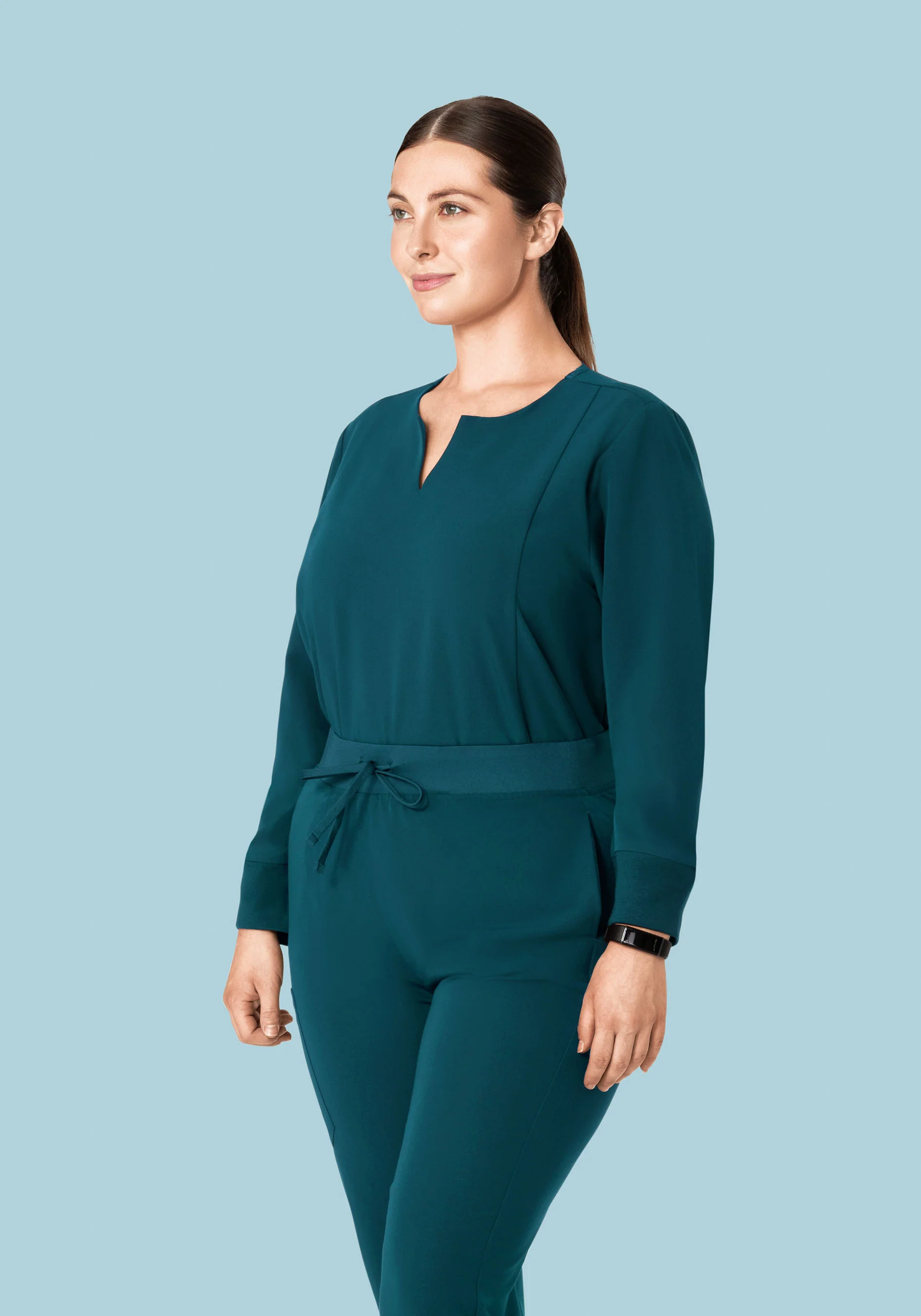 Long Sleeve Notch Neck Top Caribbean Blue - Image 12