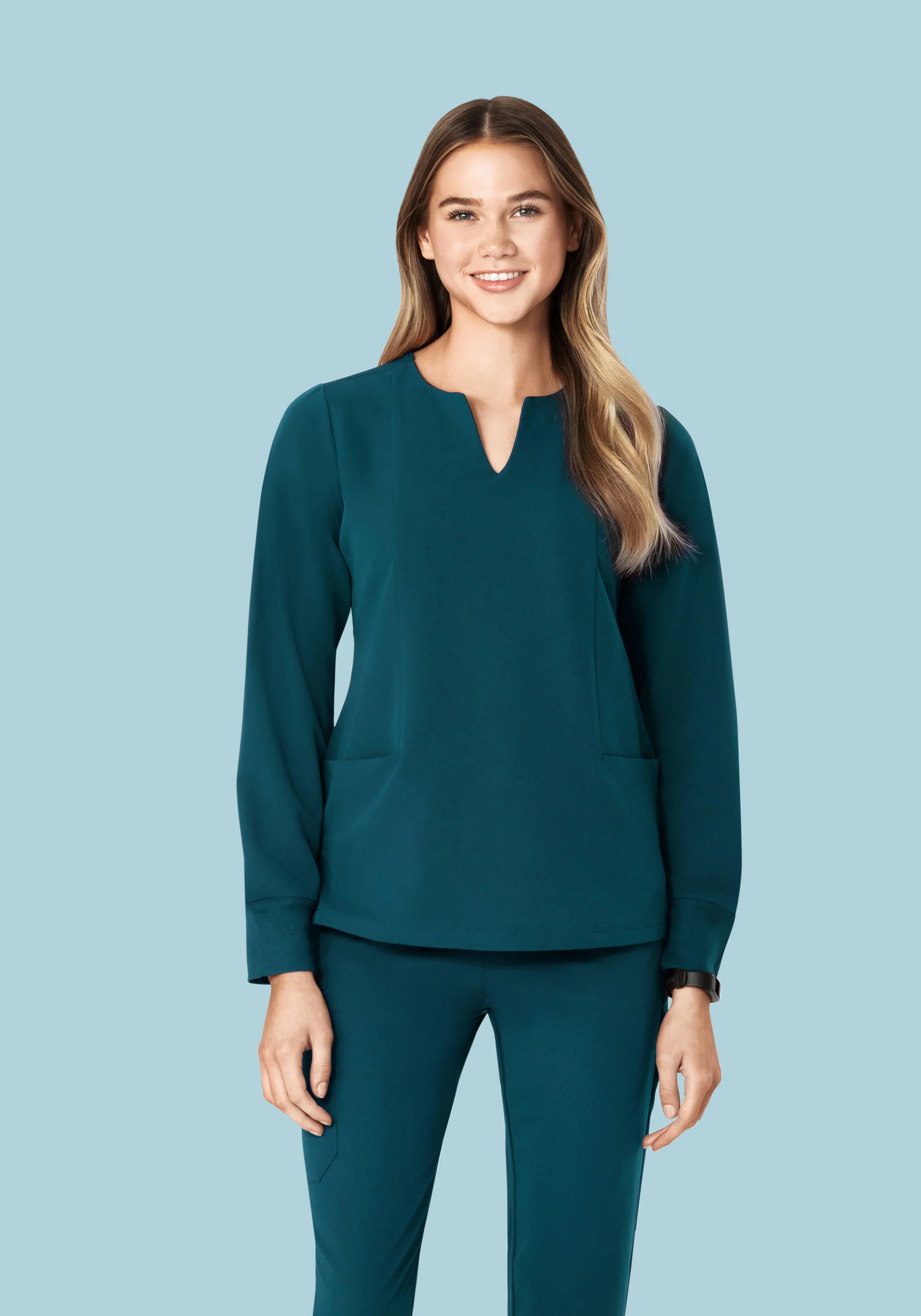 Long Sleeve Notch Neck Top Caribbean Blue - Image 5