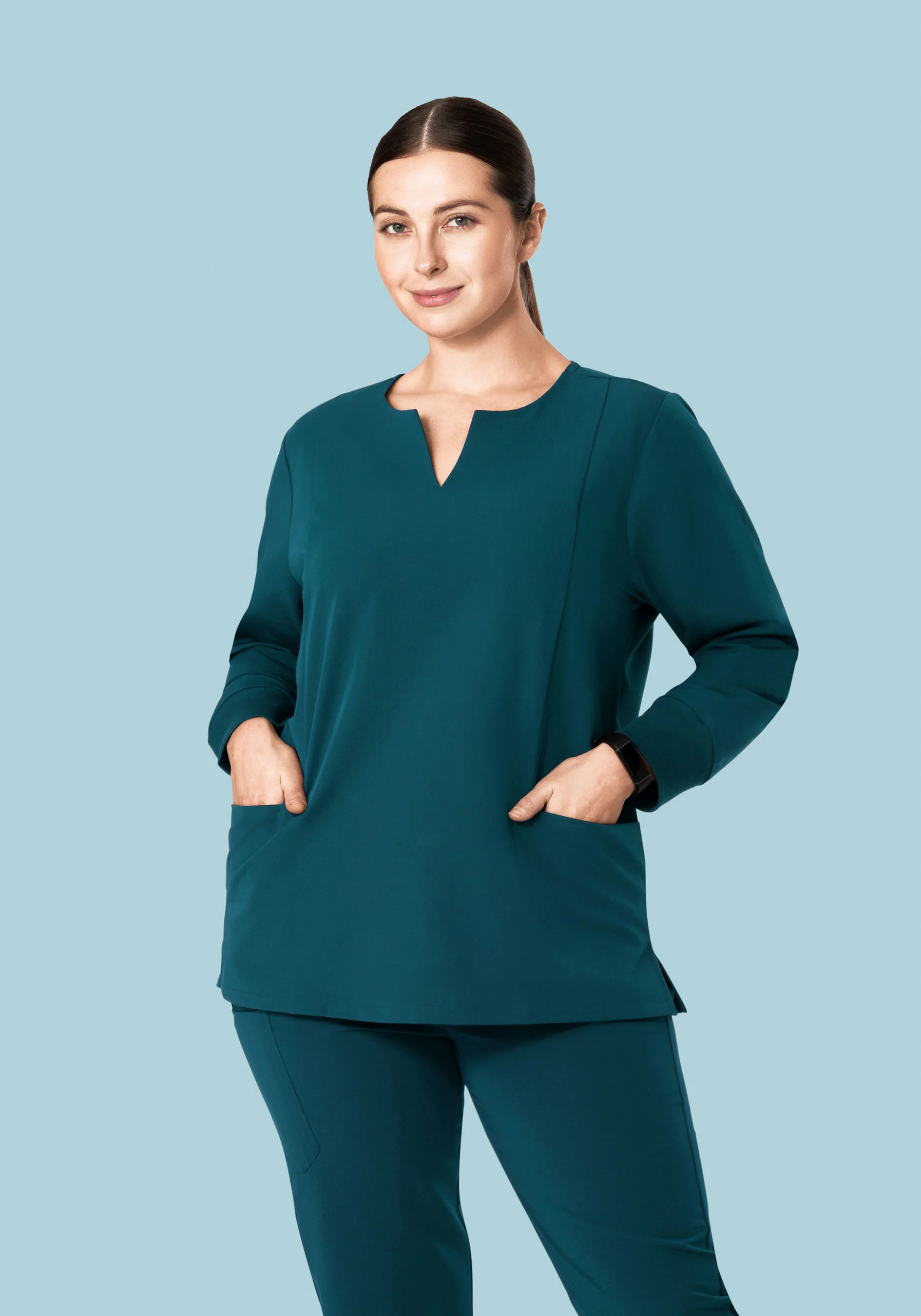 Long Sleeve Notch Neck Top Caribbean Blue - Image 7