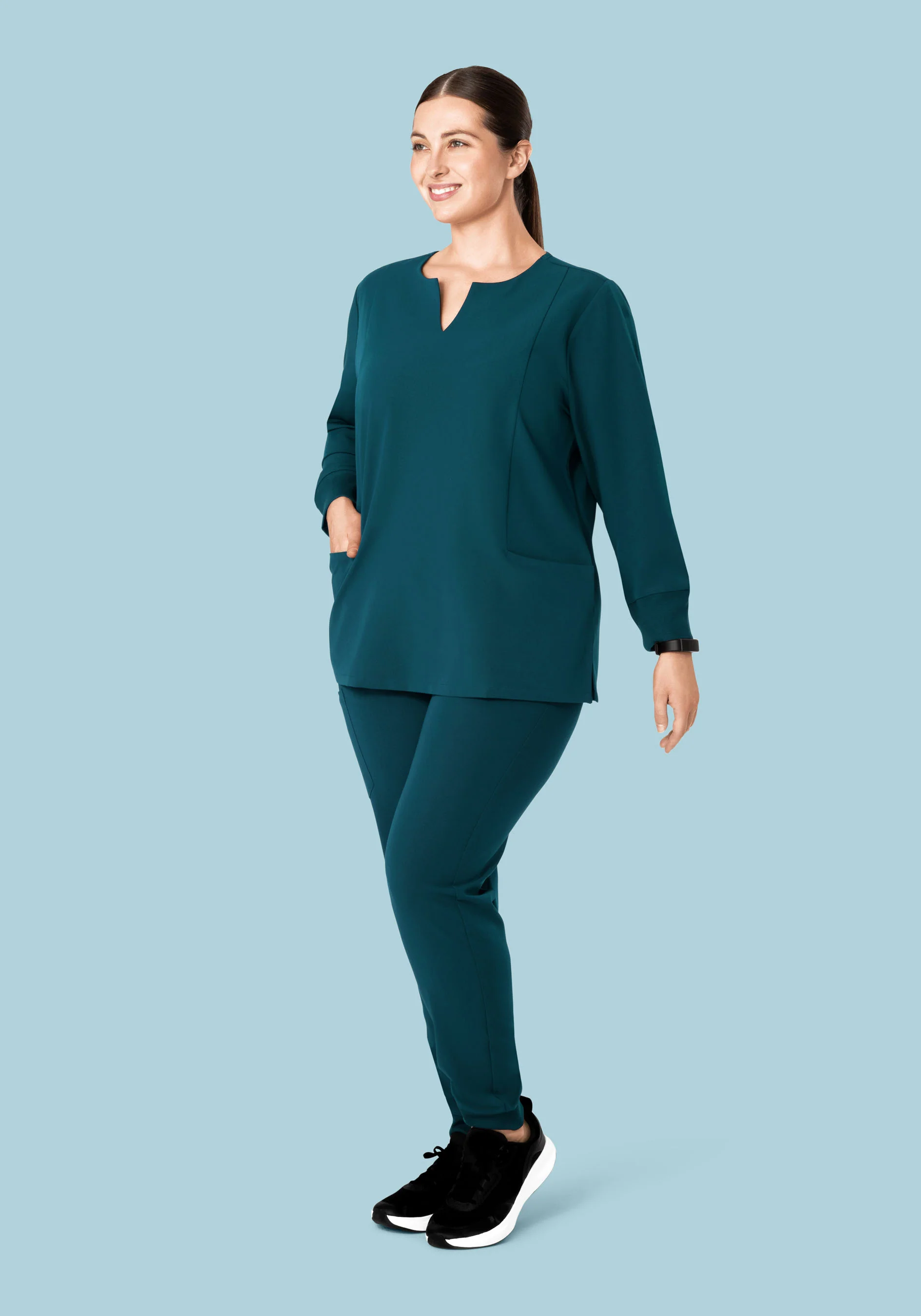 Long Sleeve Notch Neck Top Caribbean Blue - Image 9
