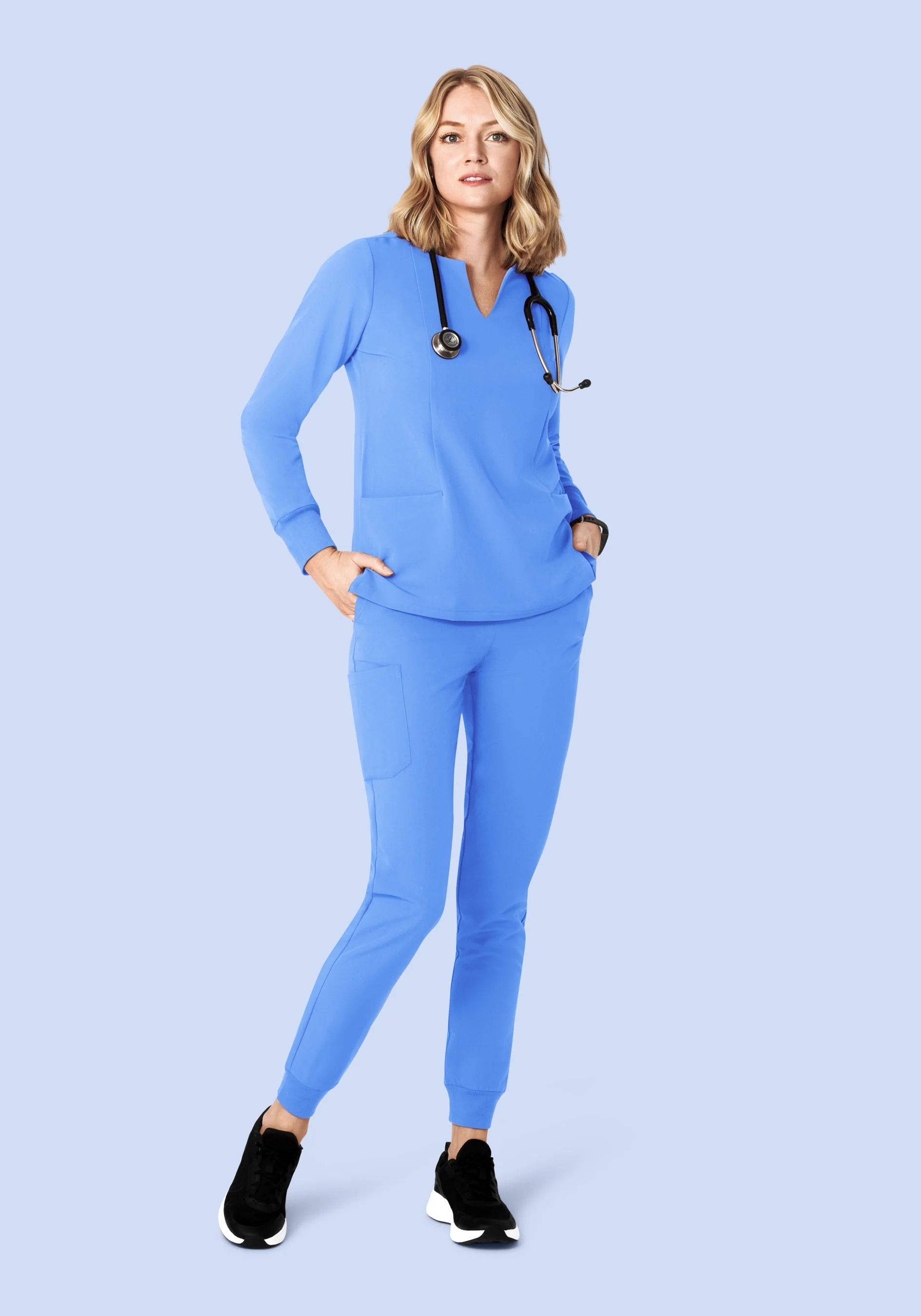 Long Sleeve Notch Neck Top Ceil Blue - Image 3