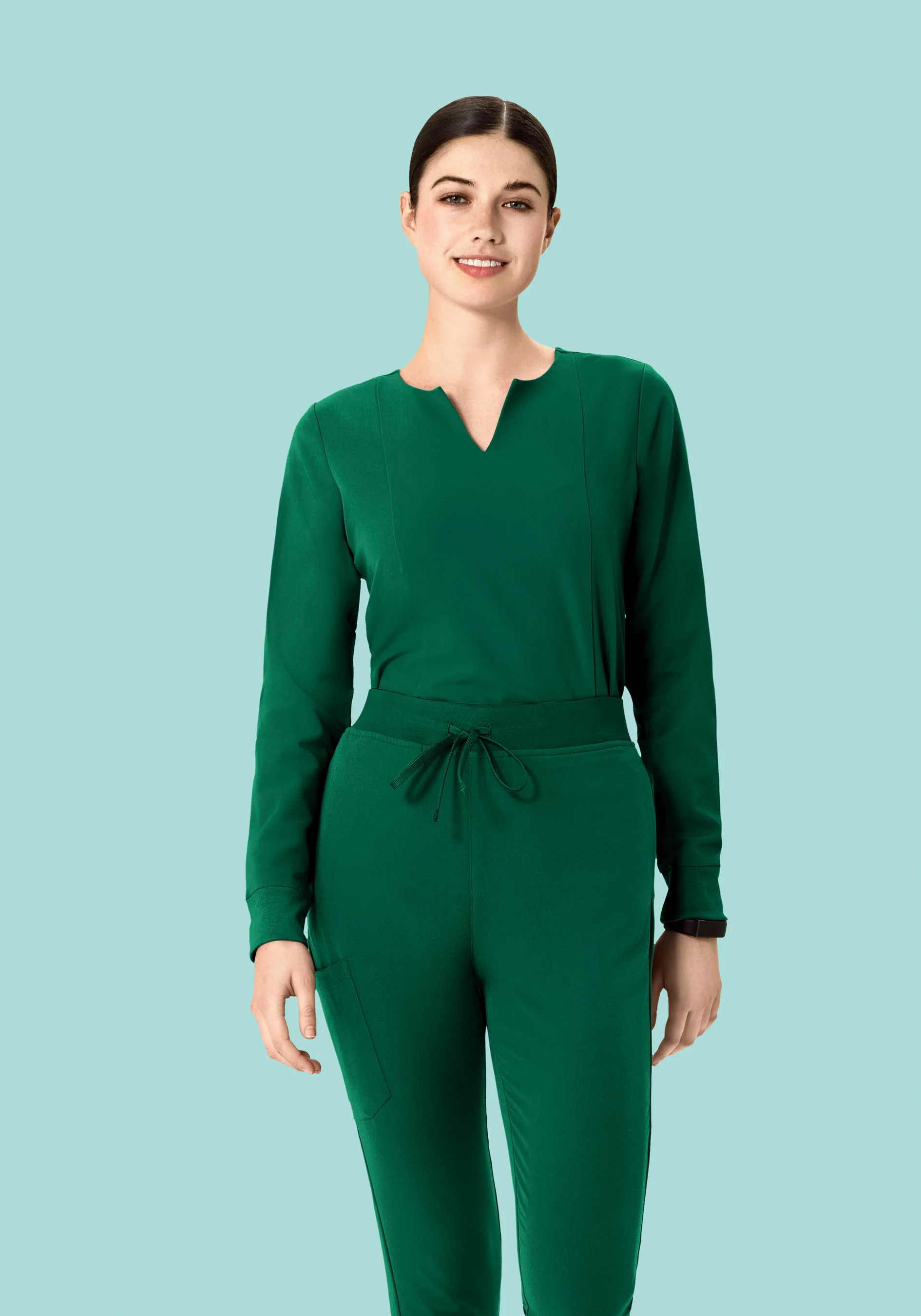 Long Sleeve Notch Neck Top Hunter Green - Image 2