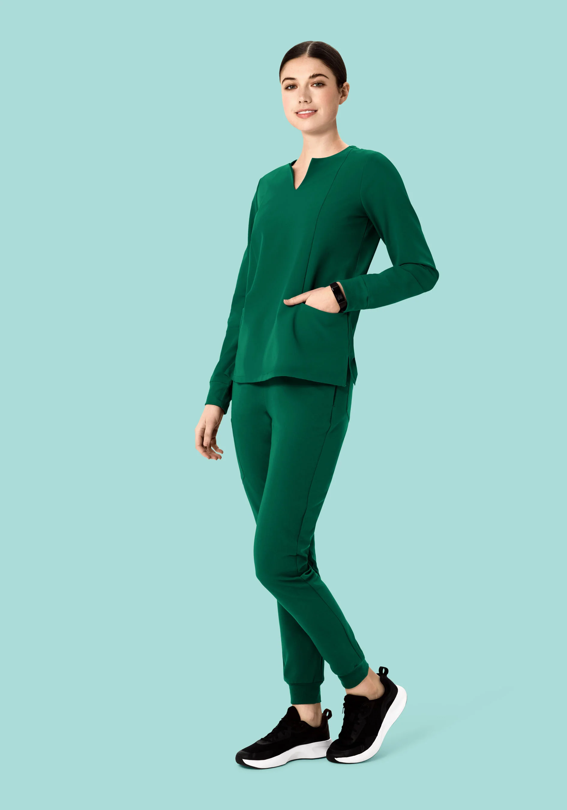 Long Sleeve Notch Neck Top Hunter Green - Image 3