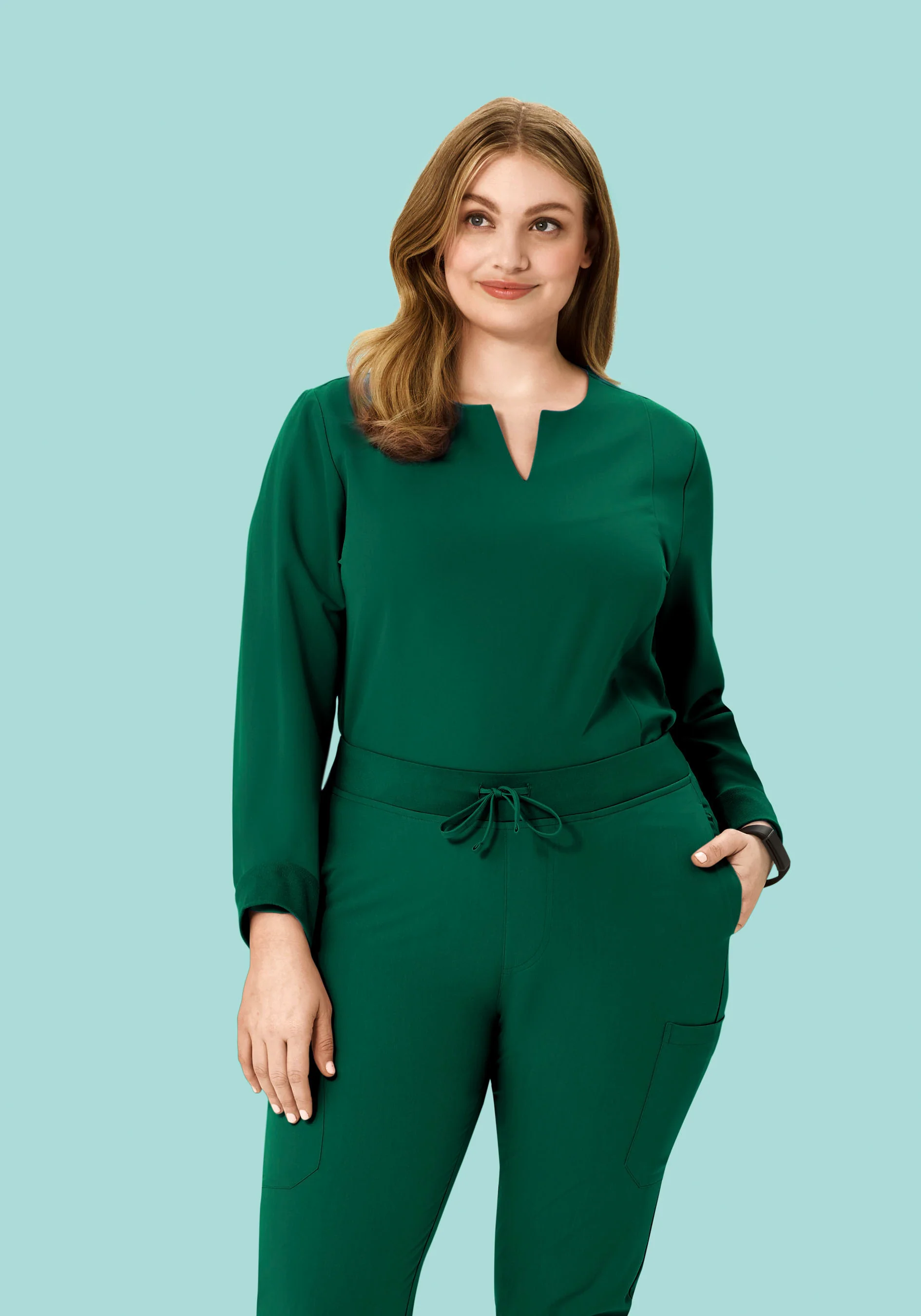 Long Sleeve Notch Neck Top Hunter Green - Image 6