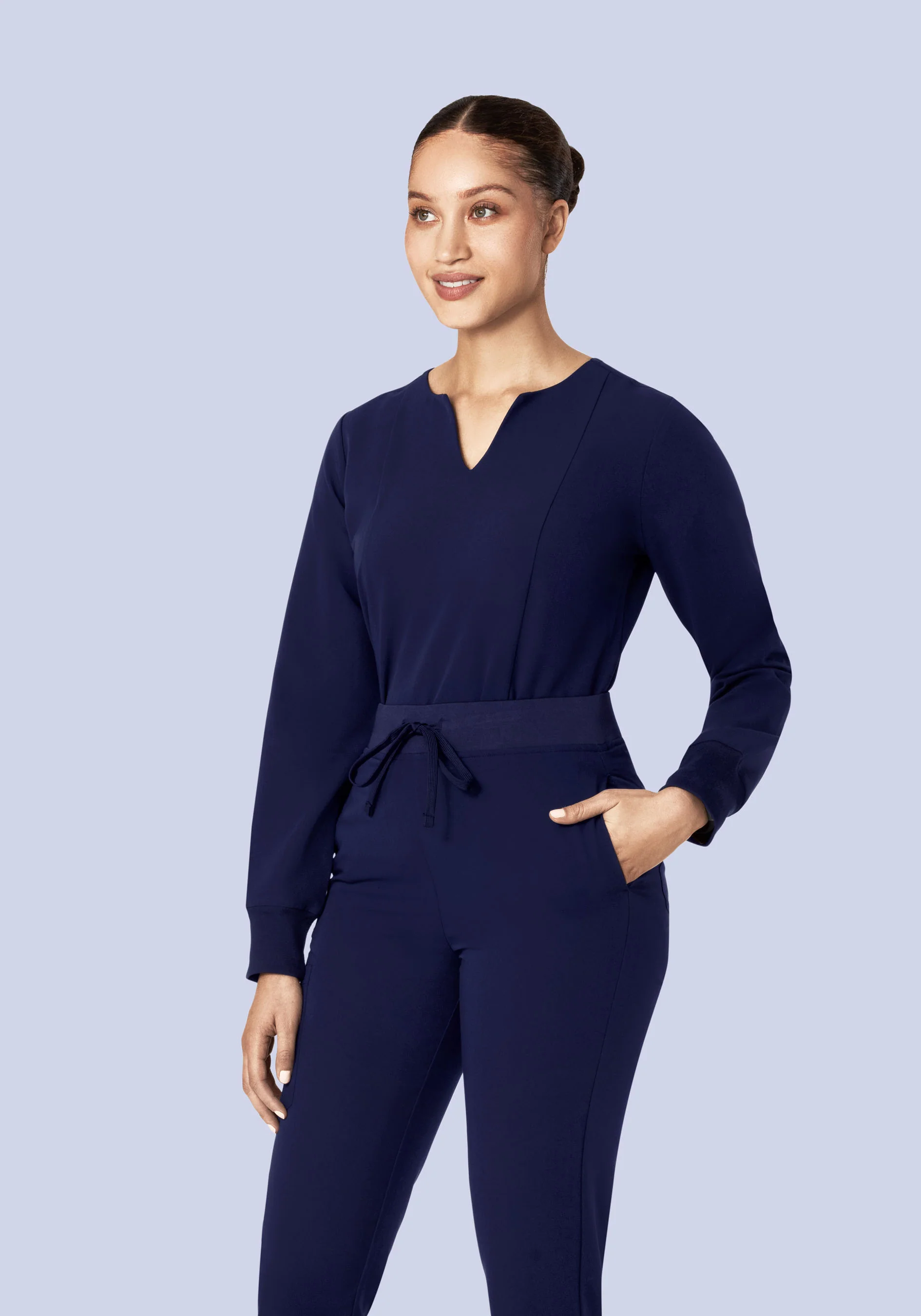 Long Sleeve Notch Neck Top Navy - Image 5
