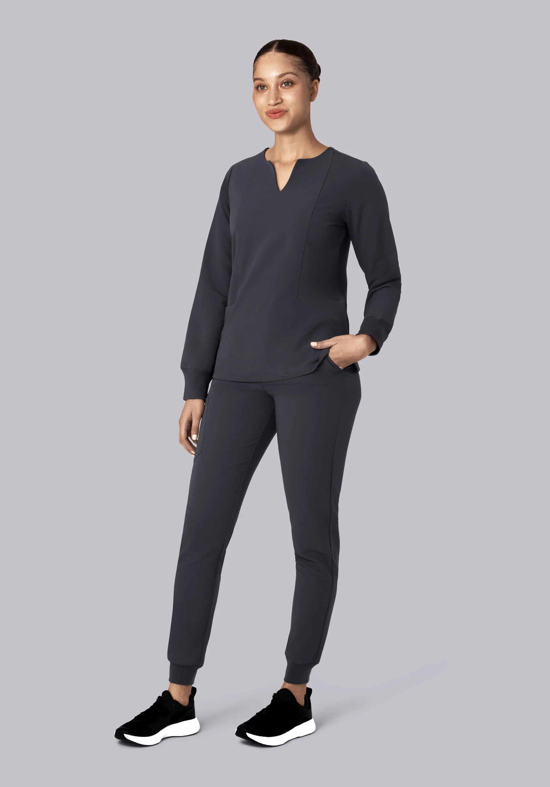 Long Sleeve Notch Neck Top Pewter - Image 4