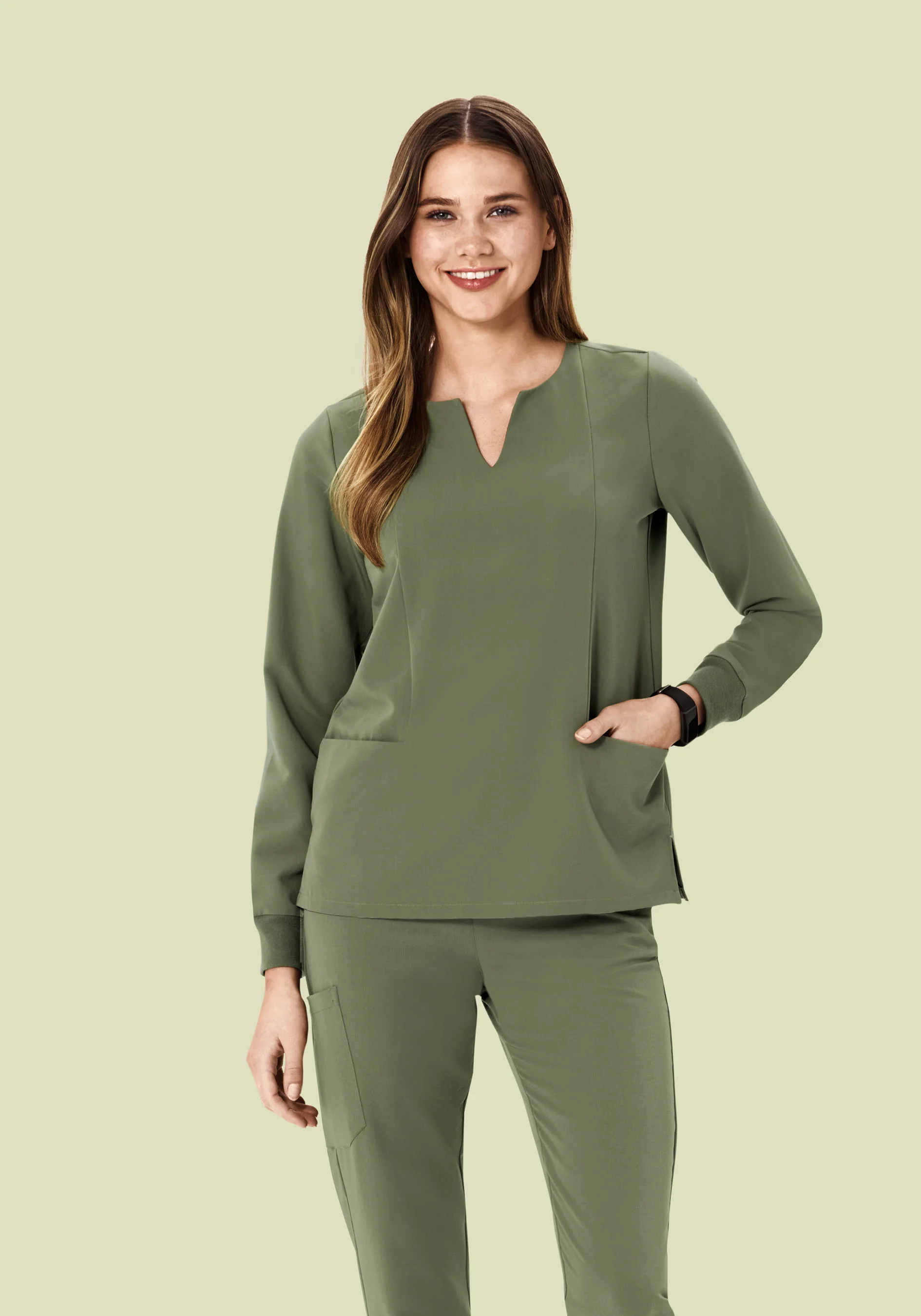 Long Sleeve Notch Neck Top Sage - Image 3