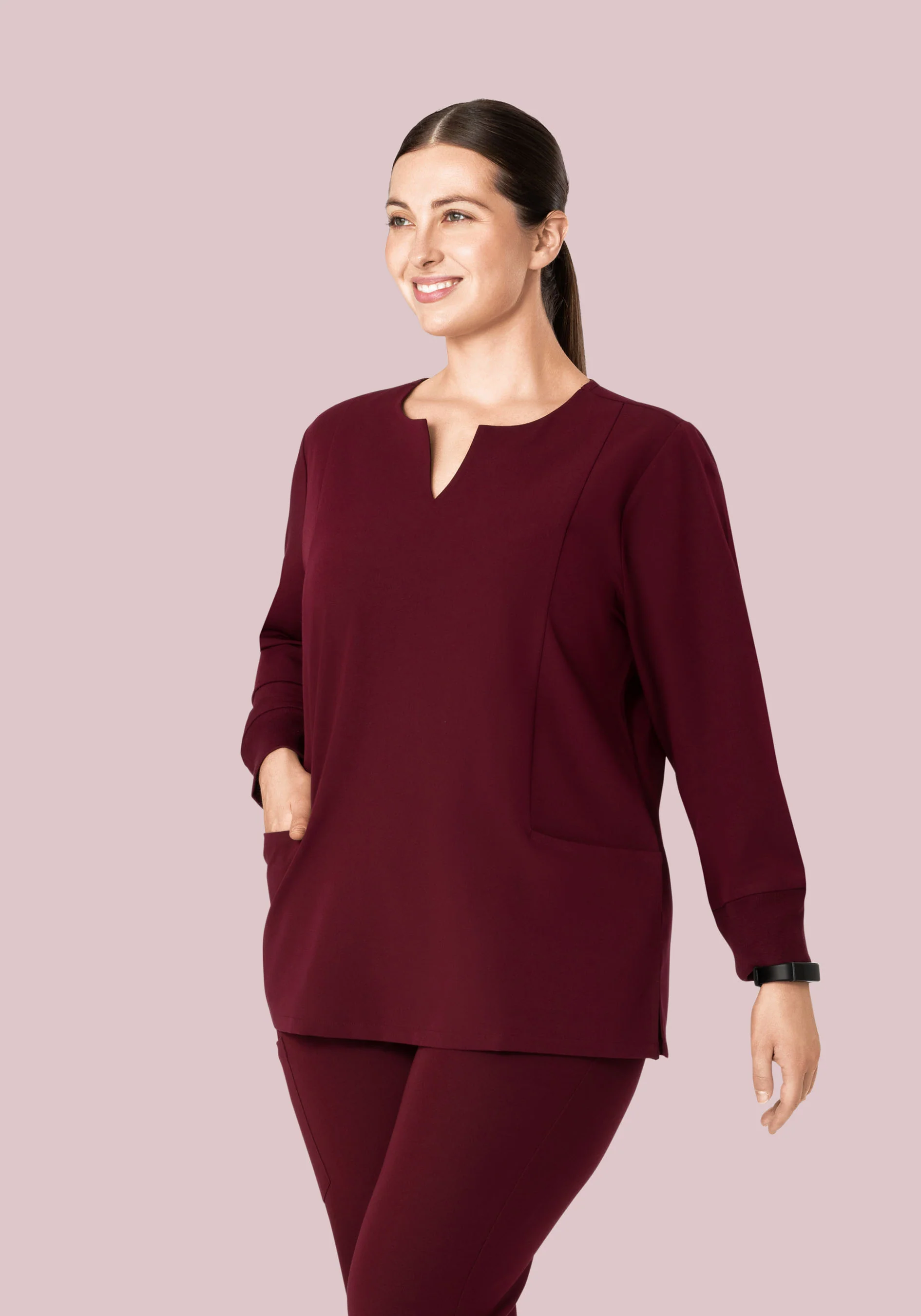 Long Sleeve Notch Neck Top Wine - Image 11