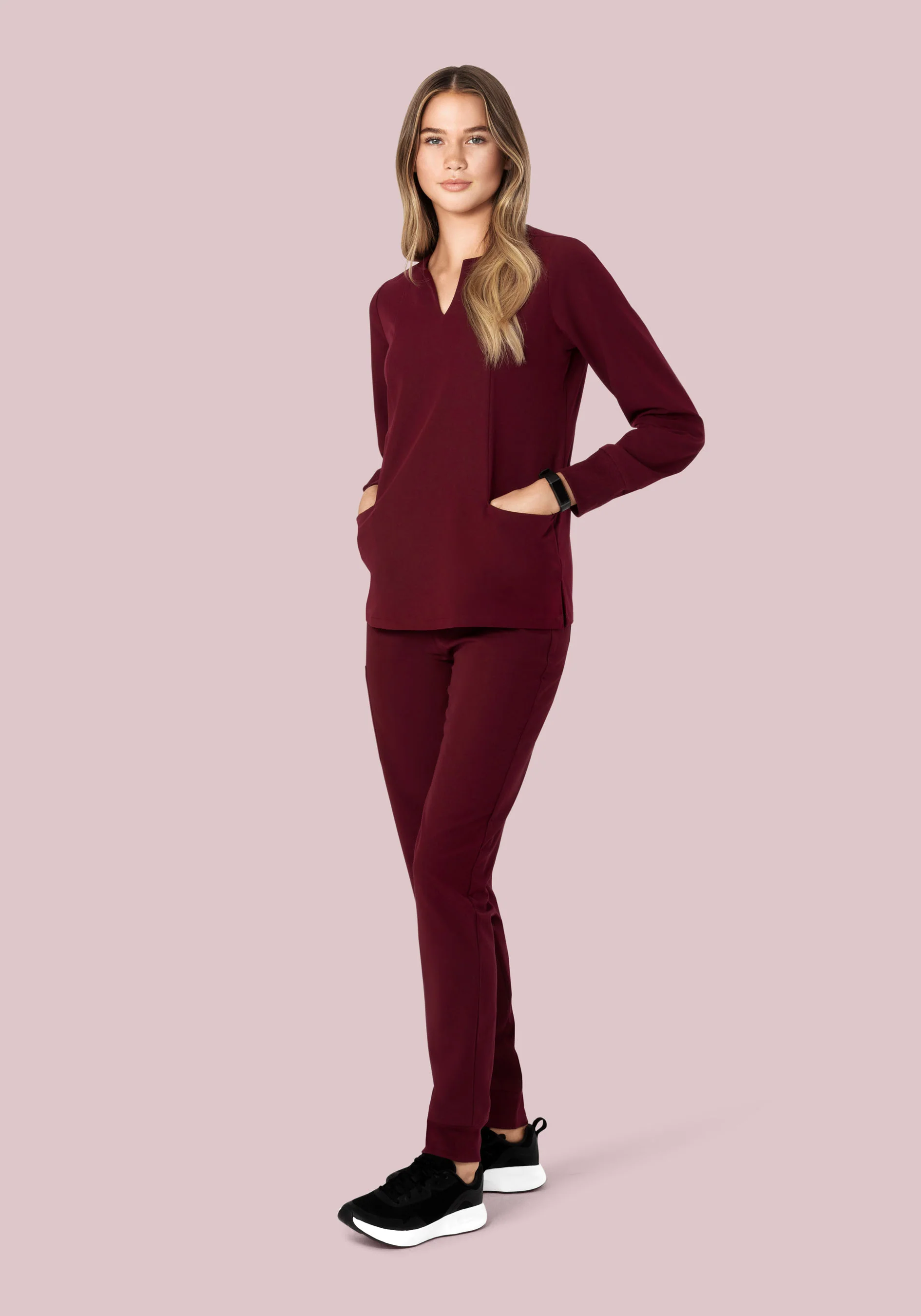 Long Sleeve Notch Neck Top Wine - Image 3
