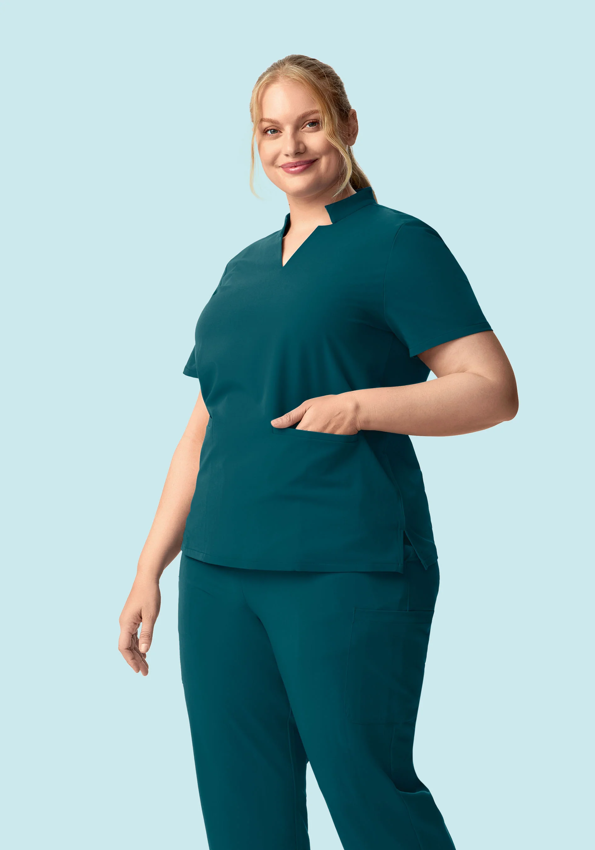 Stand Collar Notch Neck Top Caribbean Blue - Image 3