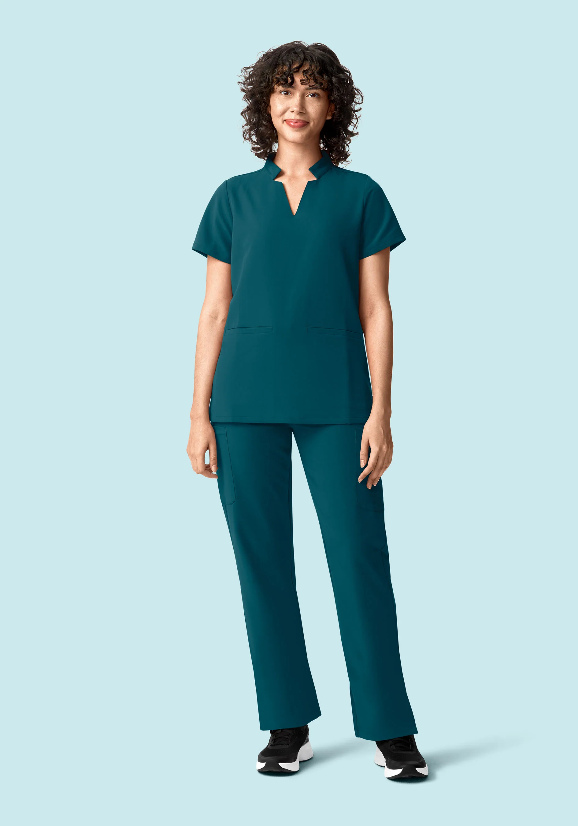 Stand Collar Notch Neck Top Caribbean Blue - Image 4