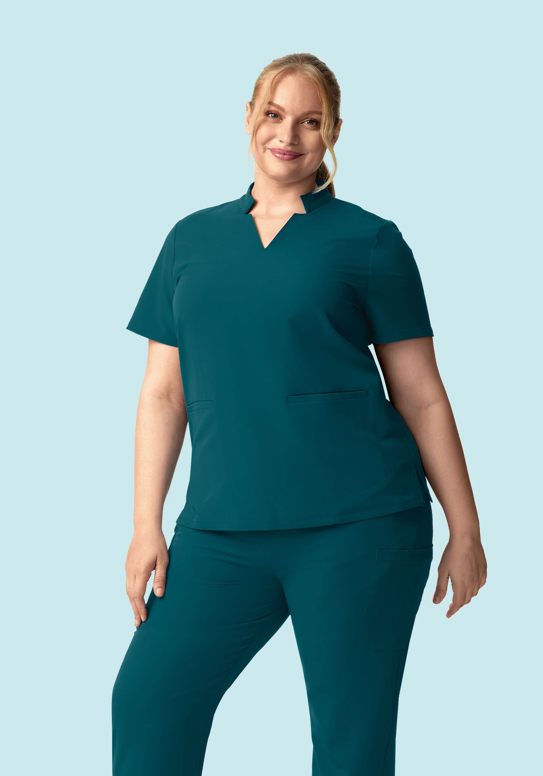Stand Collar Notch Neck Top Caribbean Blue - Image 5