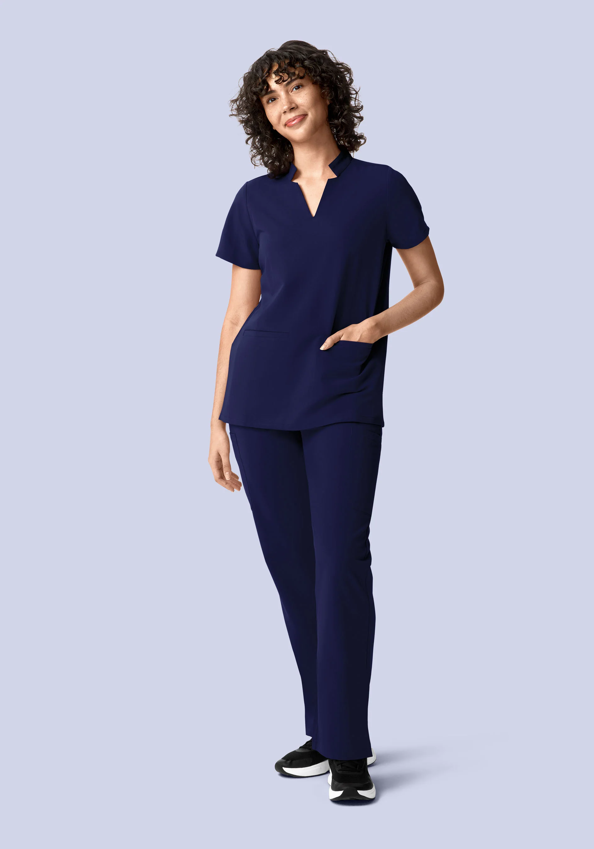 Stand Collar Notch Neck Top Navy - Image 4