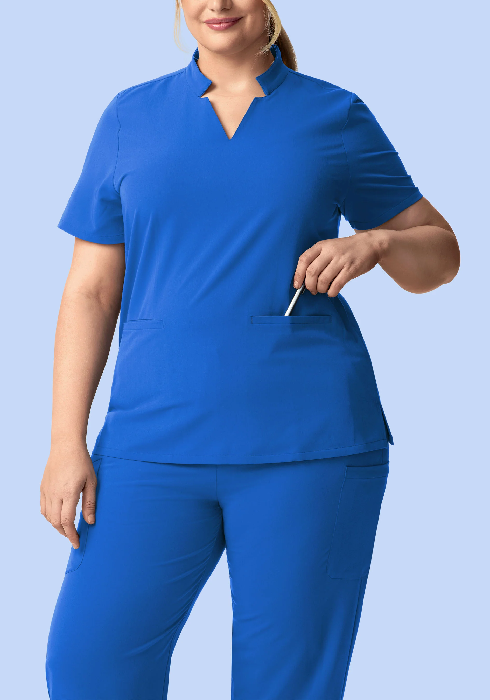 Stand Collar Notch Neck Top Royal Blue - Image 7